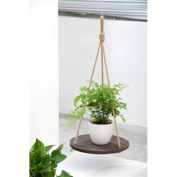 Hanging Plant Shelf Round Wood Rope Hanging Floating Shelf Vintage Home Decor - Picture 4 of 6